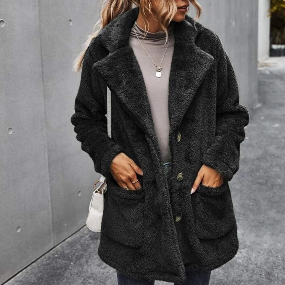 Black comfy button pocket teddy jacket coat - Picture 1 of 14